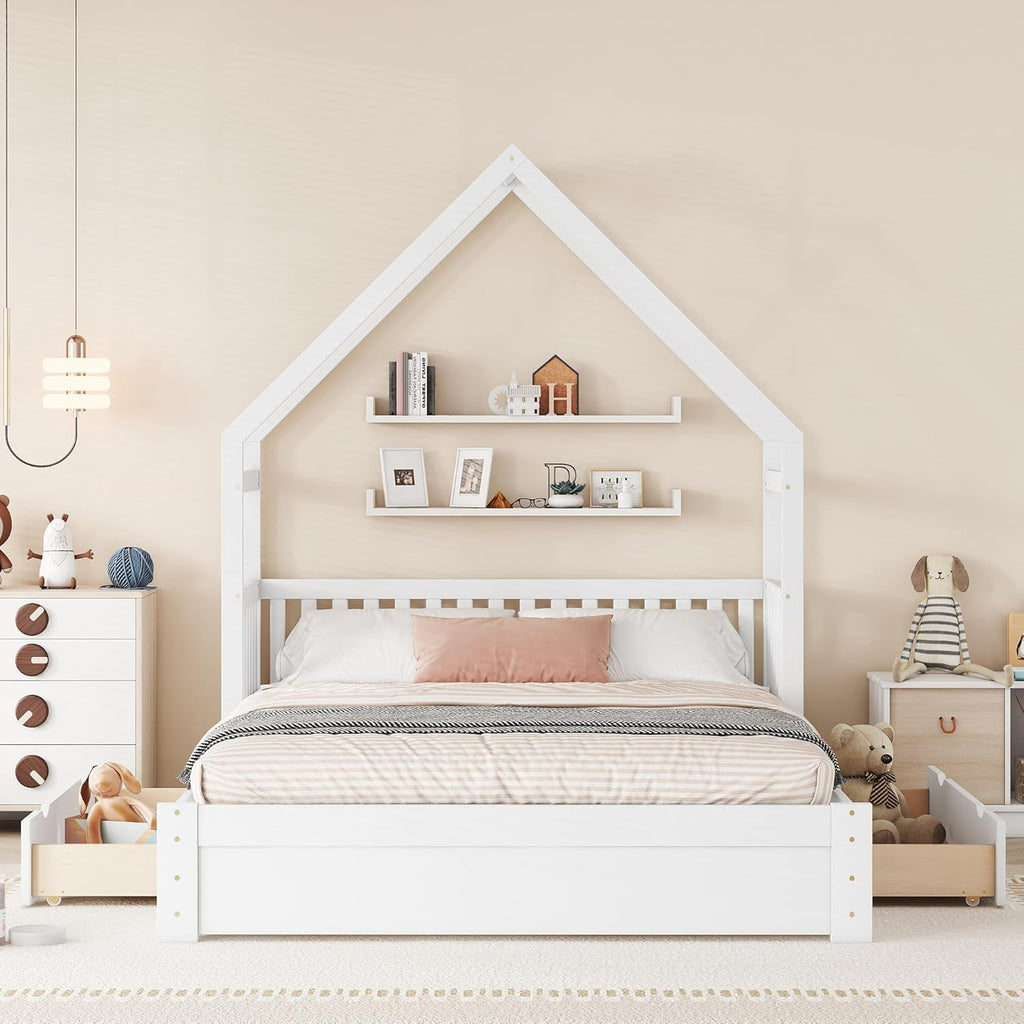 Queen Size Kids House Bed Frame With Under Bed Storage Drawers