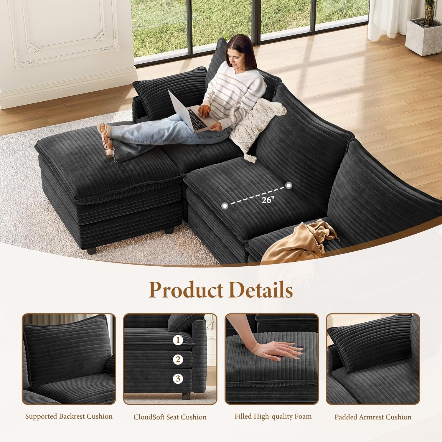 108 Inch Charcoal Gray Modular Sectional Sofa Ottoman