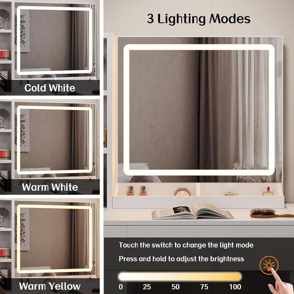White Vanity Desk With Integrated Illumination Mirror