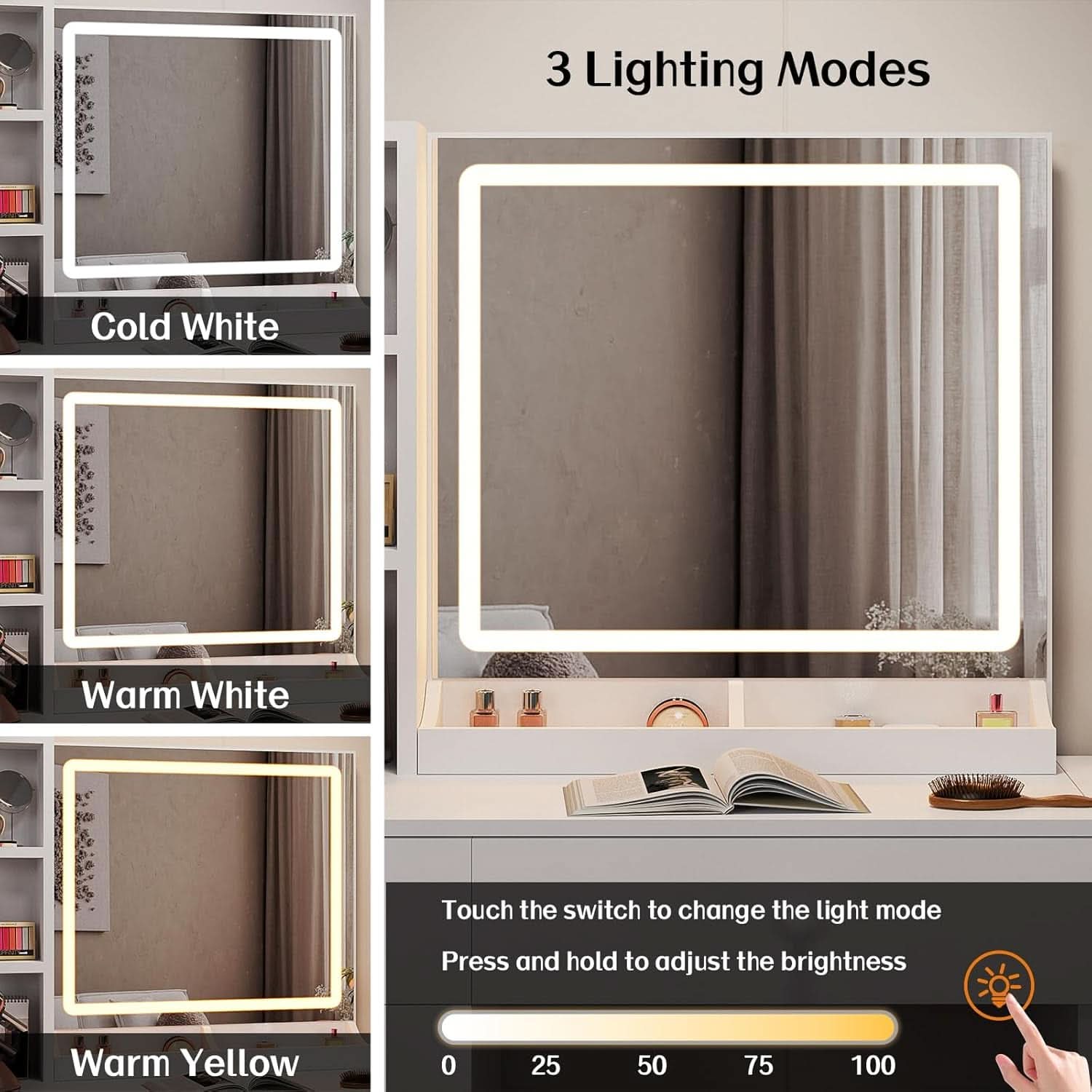White Vanity Desk With Integrated Illumination Mirror