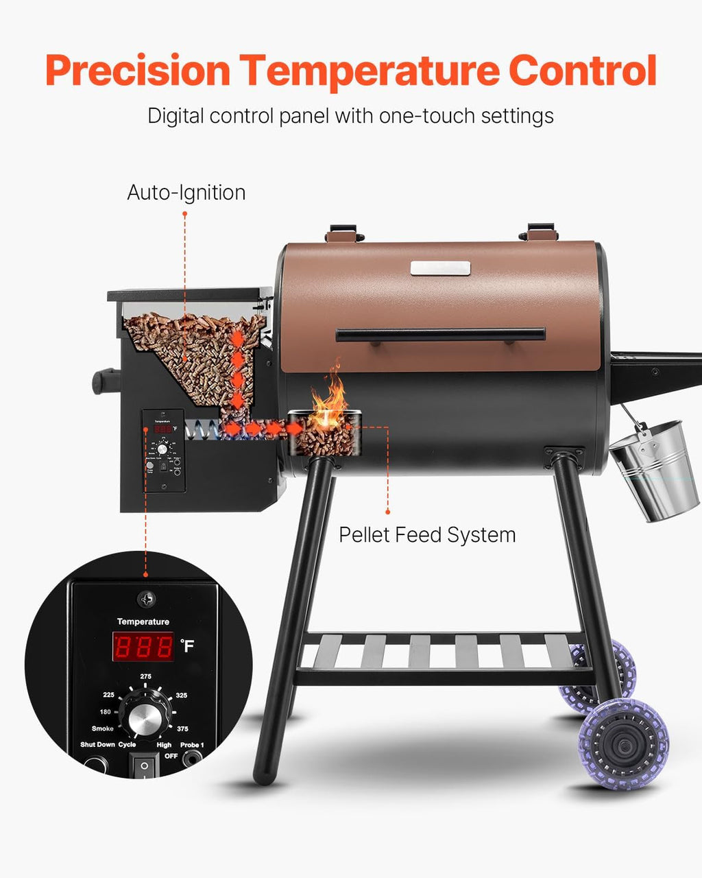 Black Heavy Duty Pellet Grill Smoker Programmable Temperature Control