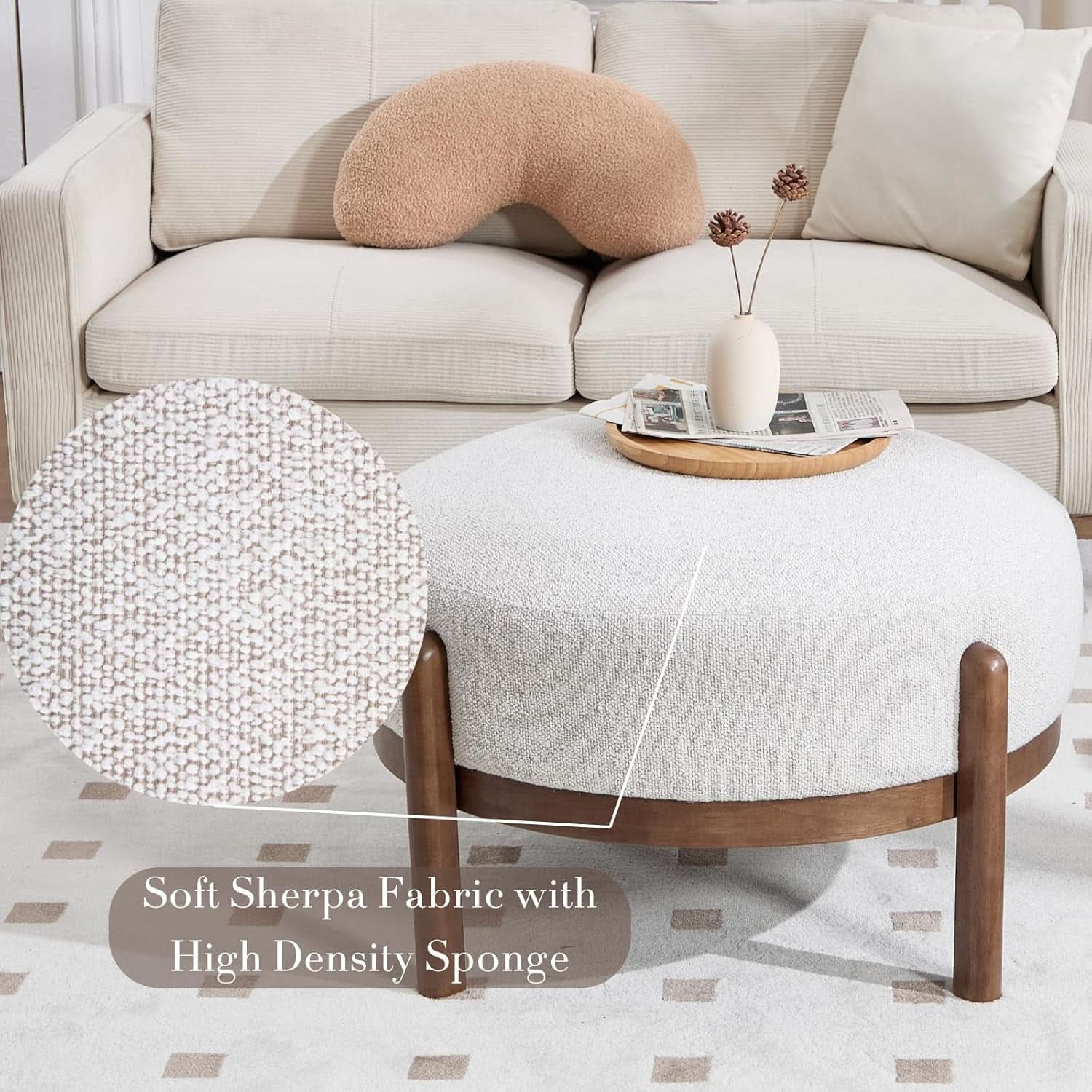 Beige Sherpa Ottoman Footstool With Premium Lumber