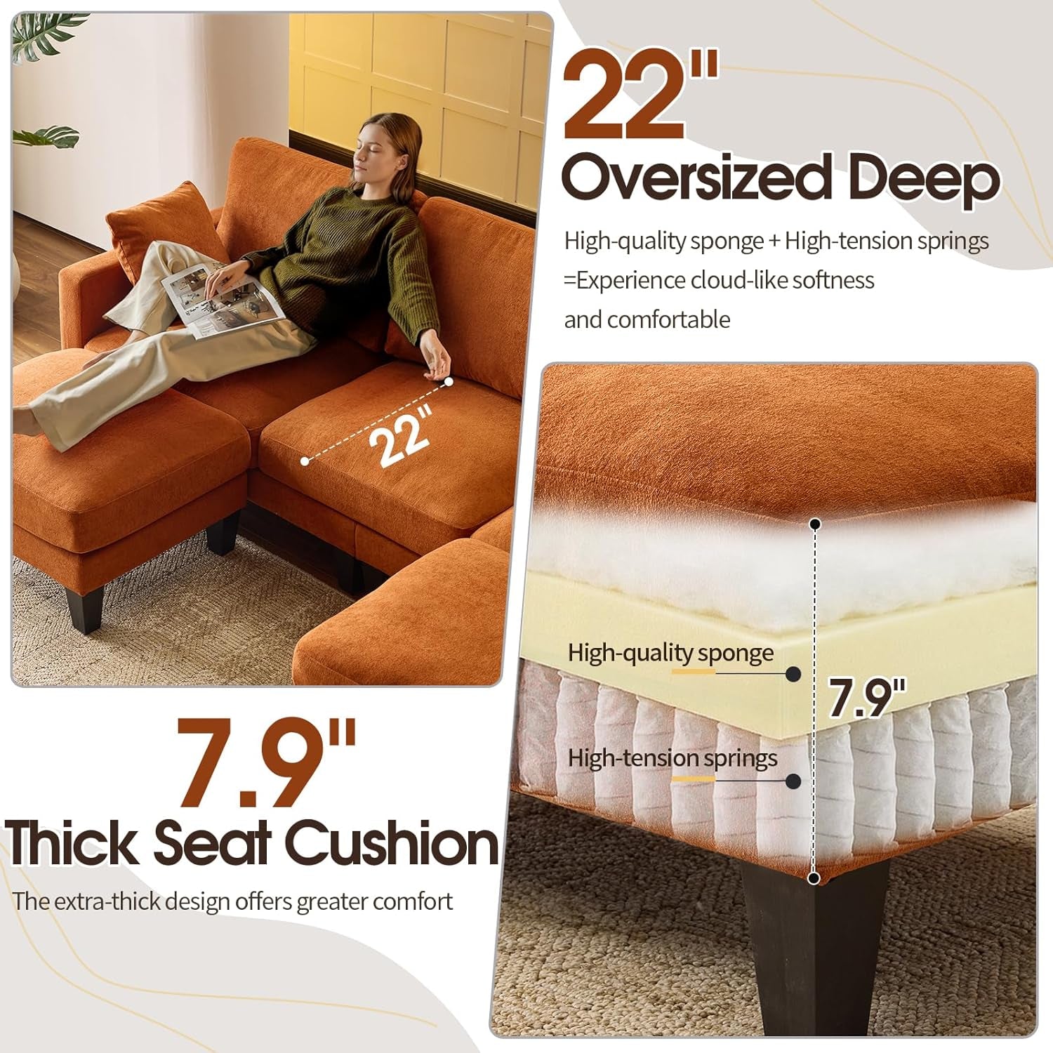 One HundredInch U Shaped Sofa Plush Chenille Ottoman Orange