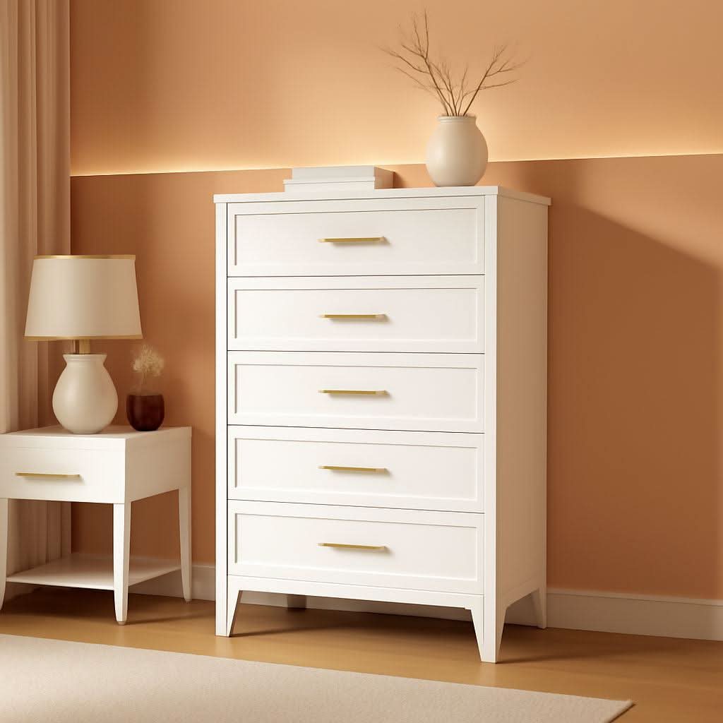 Bright White Tall Dresser 5 Drawer Chest 53.54 Inches