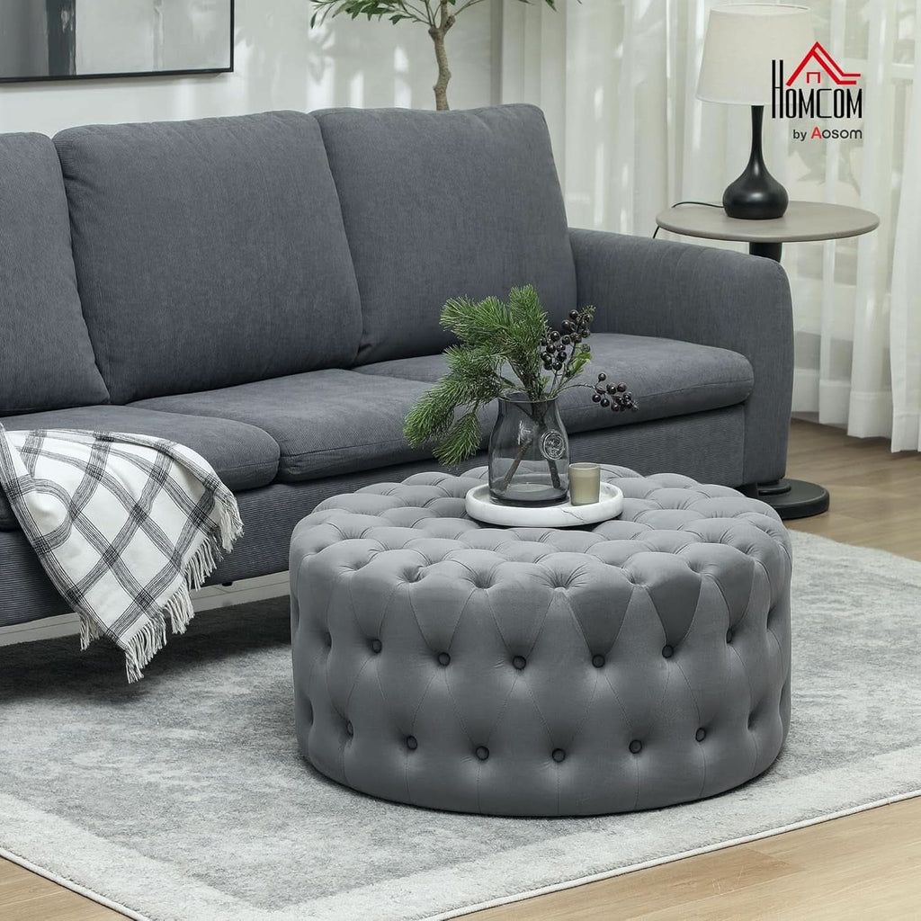 31.5 Inch Round Dark Gray Velvet Button Tufted Ottoman