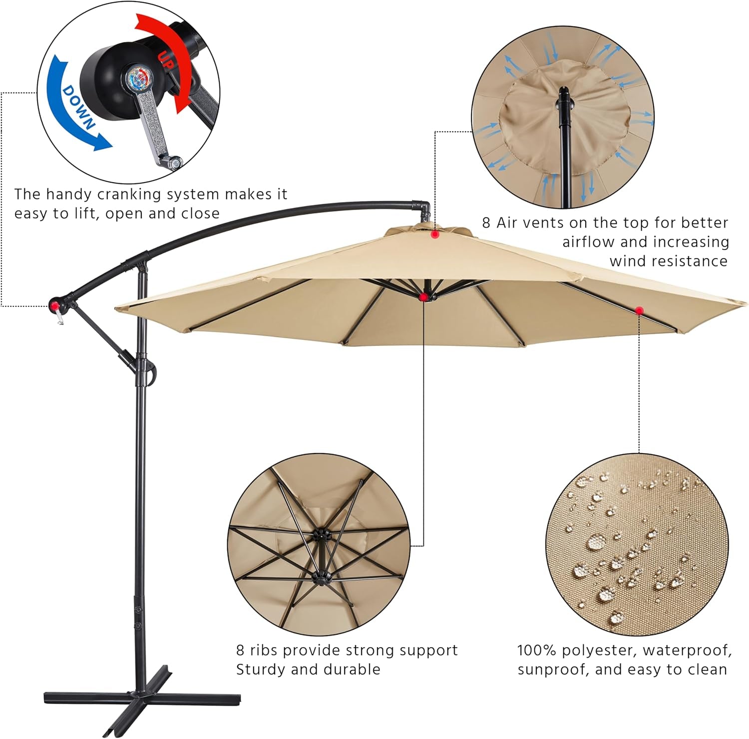 10ft Cantilever Patio Umbrella Weather Resistant Tan UVProtected