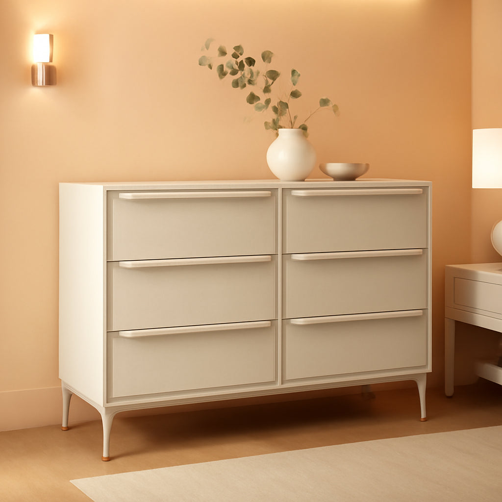 Gleaming Silver Premium Fabric Dresser Six Drawers