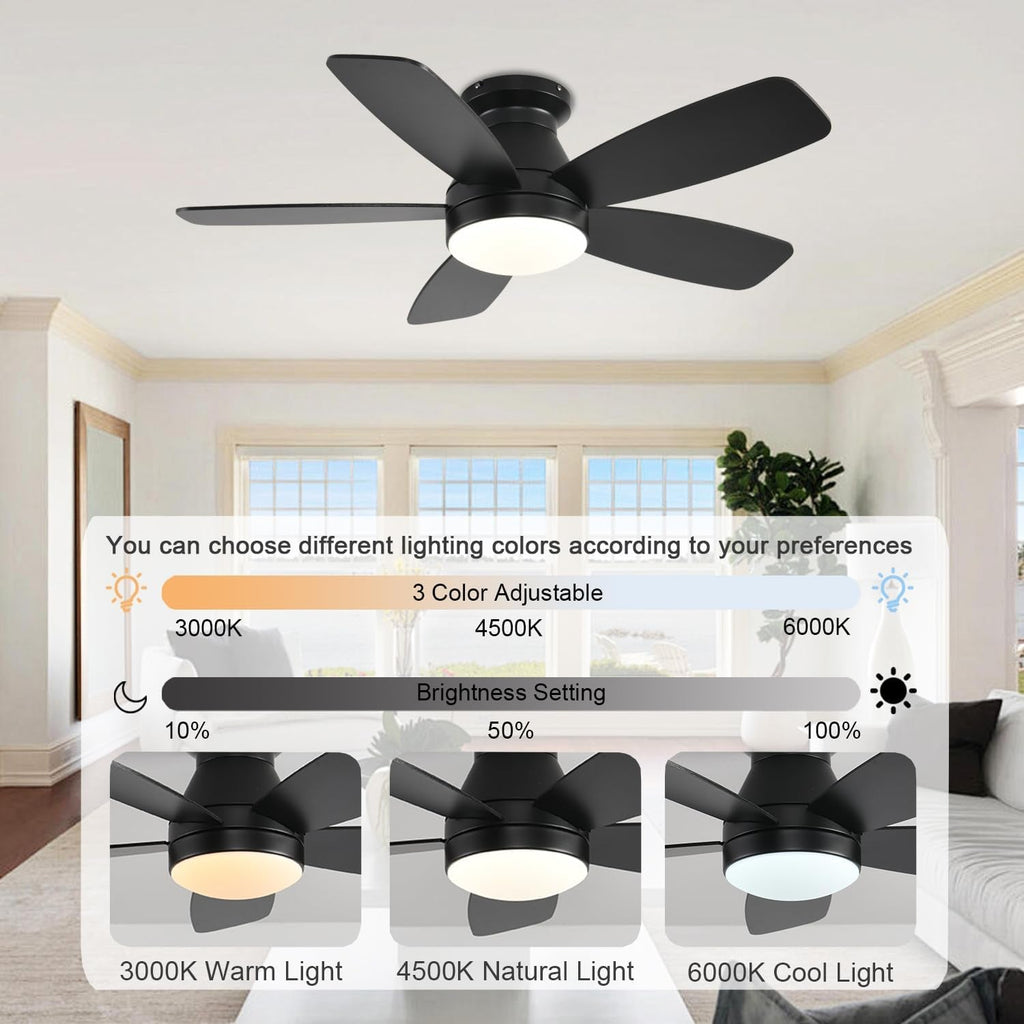 42 Inch Black Flush Mount Ceiling Fan With LED Lighting