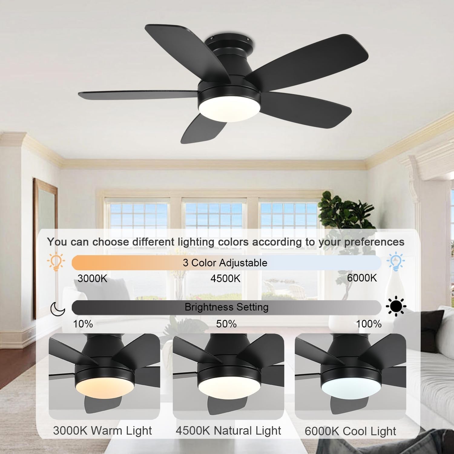 42 Inch Black Flush Mount Ceiling Fan With LED Lighting