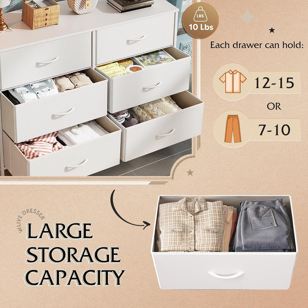 White Engineered Wood Dresser With Six Fabric Drawers