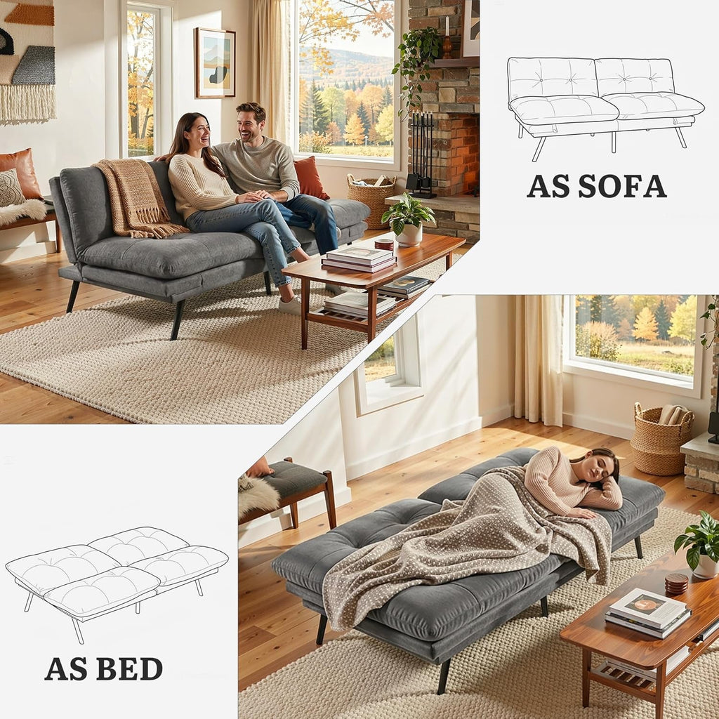 Slate Grey 70 Inch Transformable Futon Sofa Bed Stain Resistant