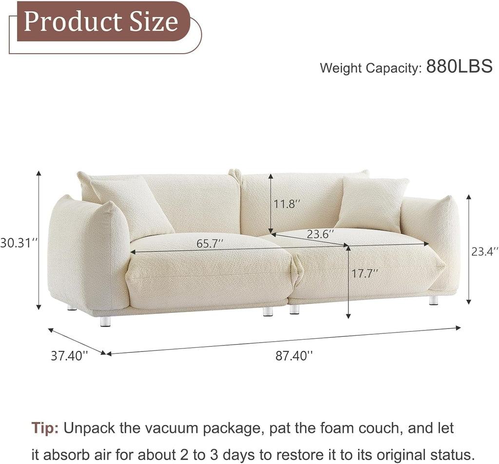 Sherpa Plush 87 Inches Snow White Upholstered Deep Seat Sofa