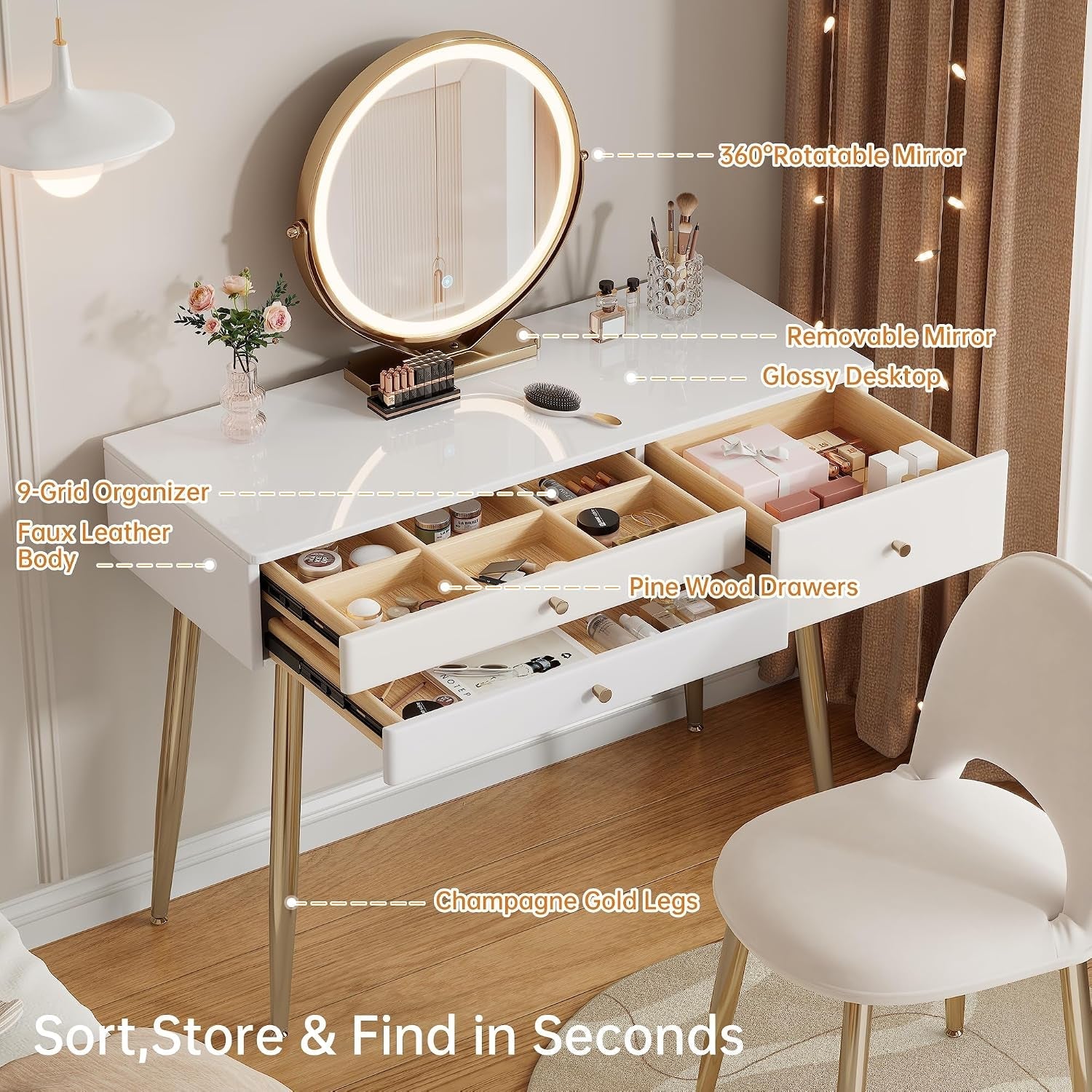 Beige Faux Leather Vanity Desk With Mirror Lighting