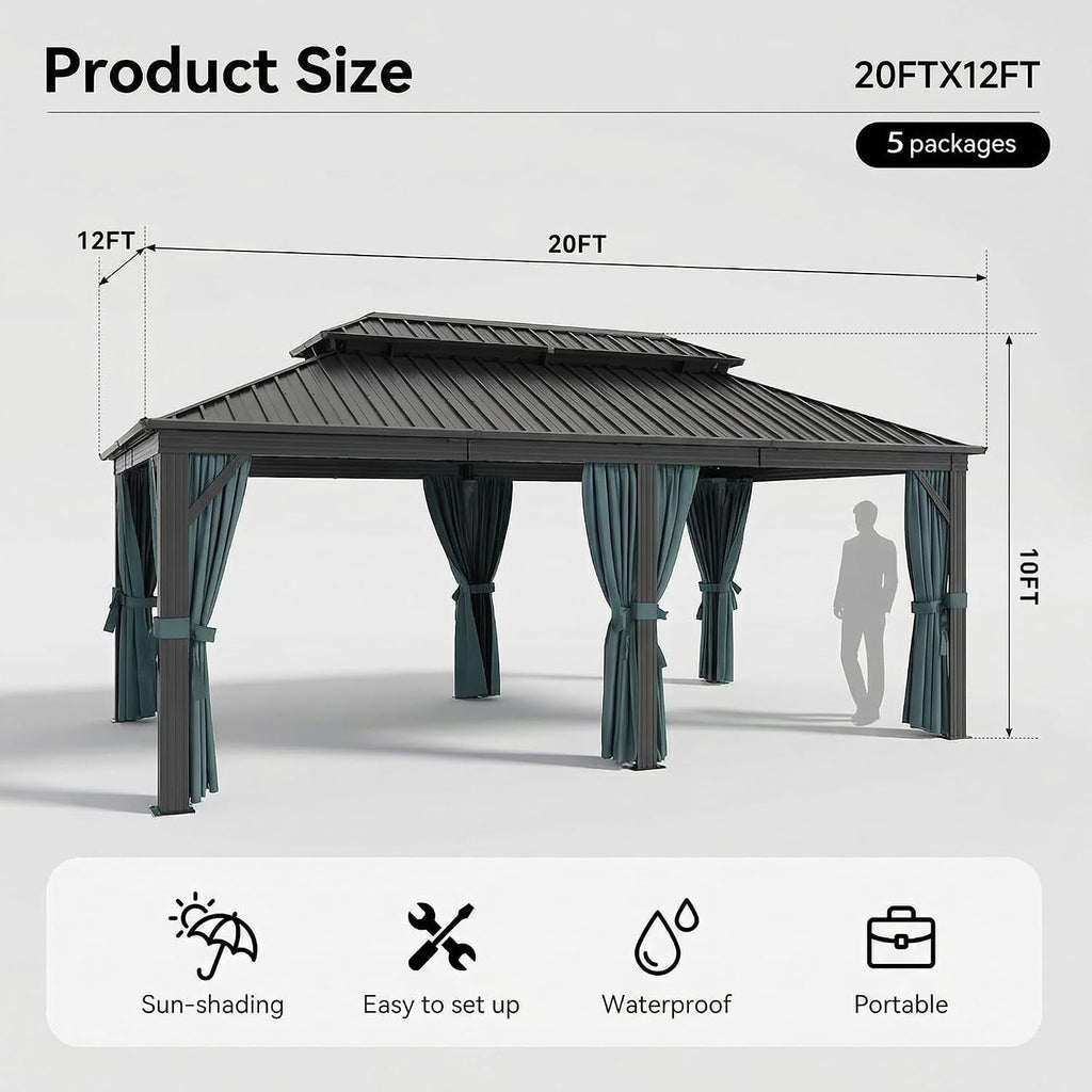 12x20 Black Hardtop Gazebo With Galvanized Roof