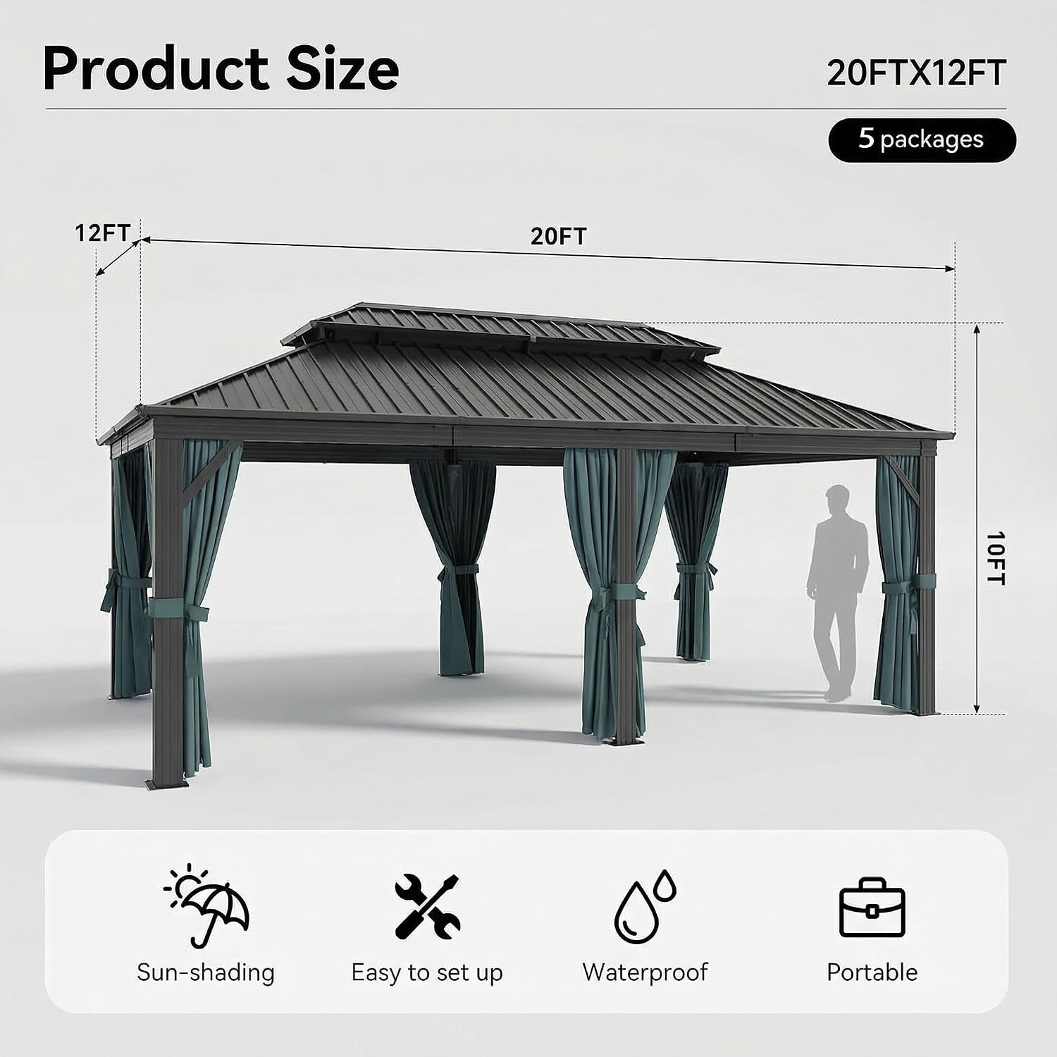 12x20 Black Hardtop Gazebo With Galvanized Roof
