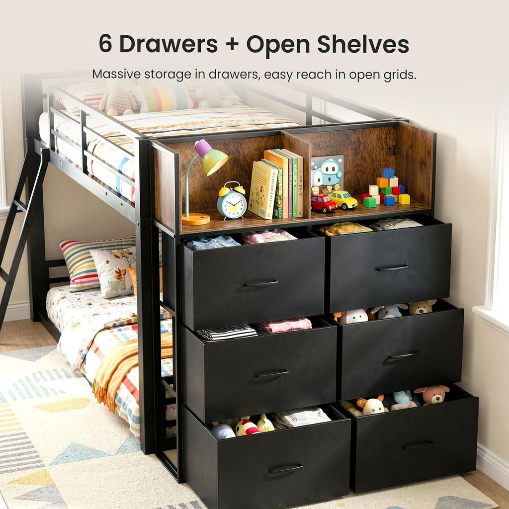 SpaceSaving TwinOverTwin Metal Loft Bed StorageDrawers