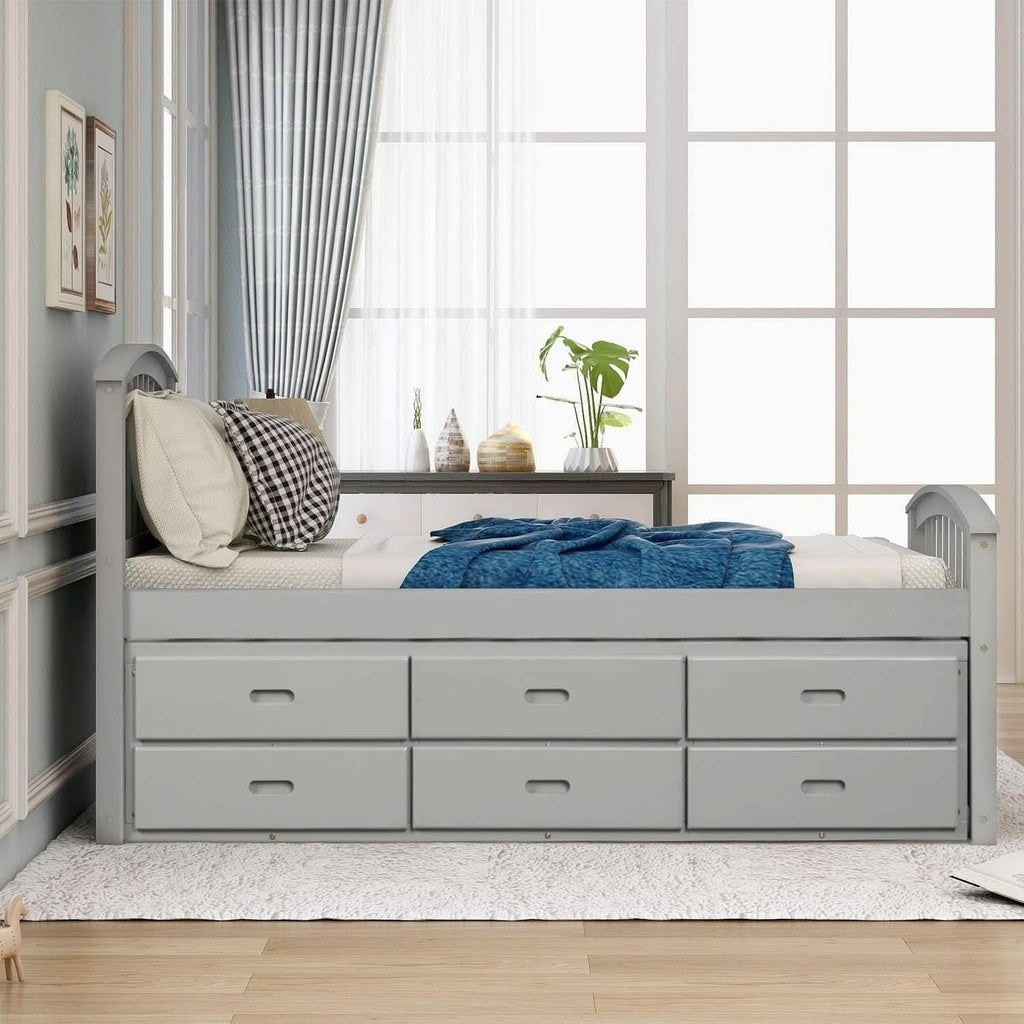 Platform Storage Bed Solid Wood Bed with 6 Drawers Twin Size