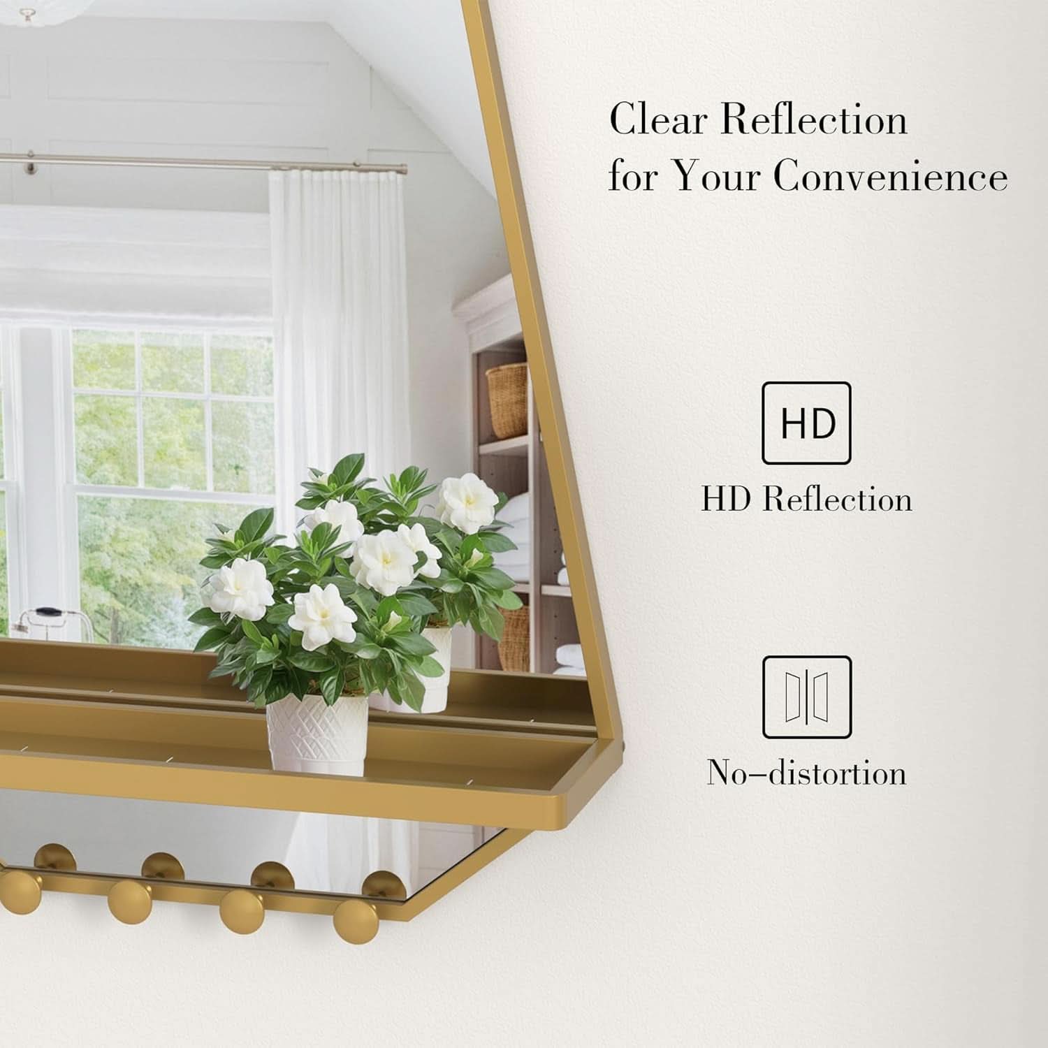 Goldtone Hexagonal Wall Mirror 26x20Inches With Shelf