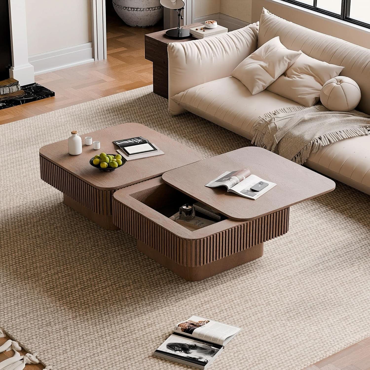 Walnut Square Coffee Table Featuring Concealed Storage