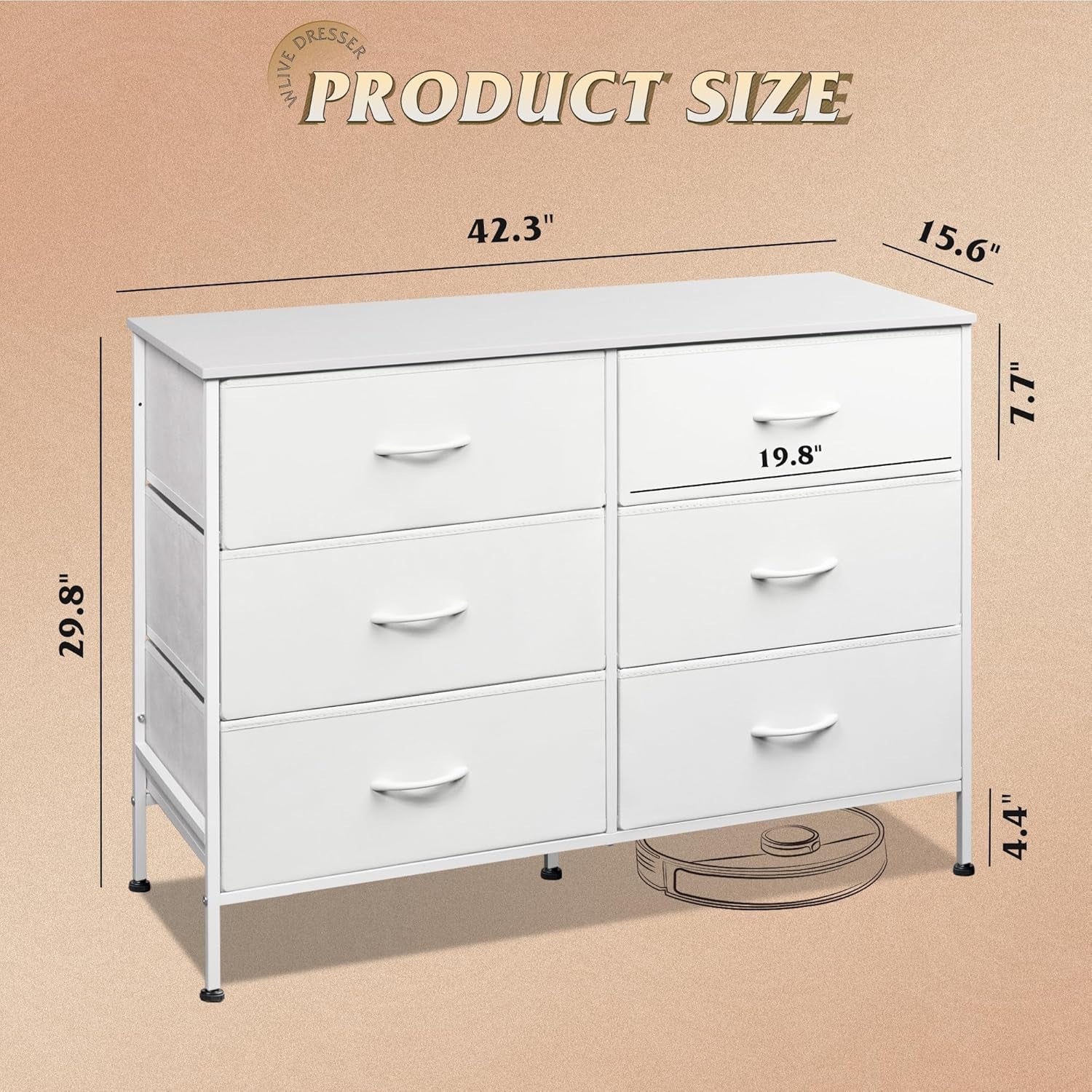 White Engineered Wood Dresser With Six Fabric Drawers