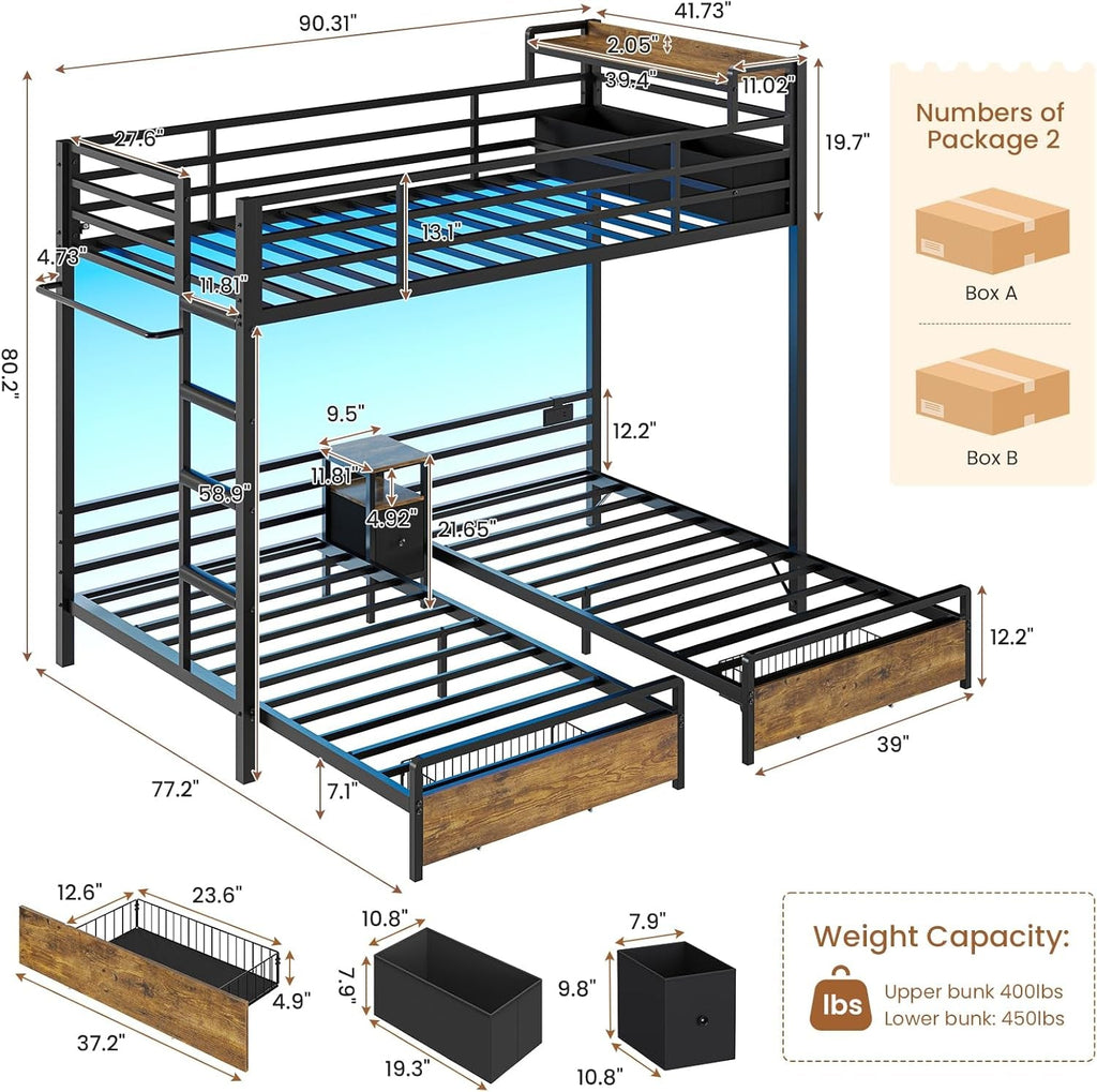 Black Premium Triple Bunk Bed With Integrated Storage