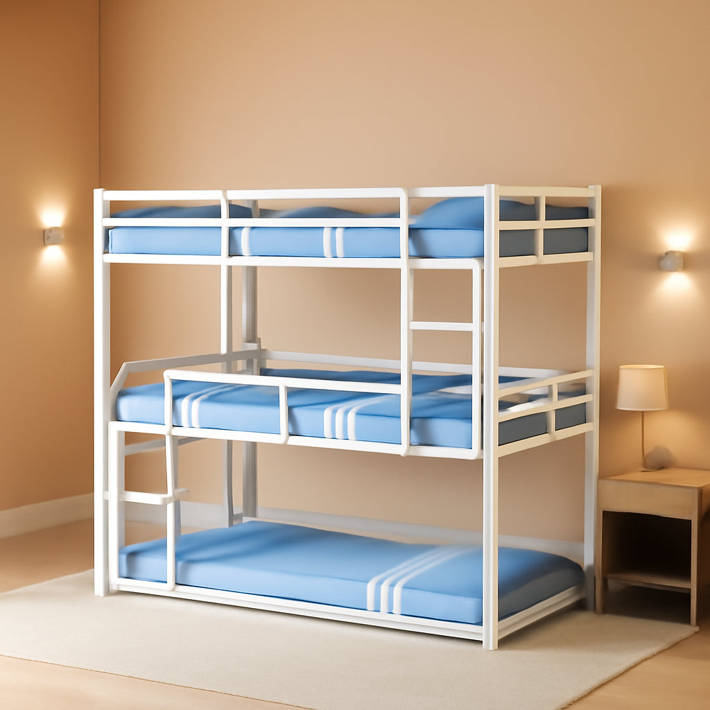 White Triple Bunk Bed Ultra Heavy Duty Metal Guardrails