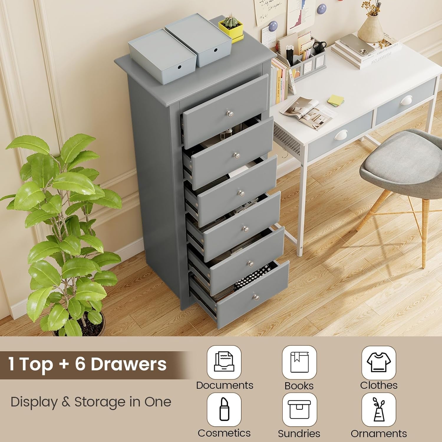 Six Drawer Dresser With Large Capacity Metal Handles