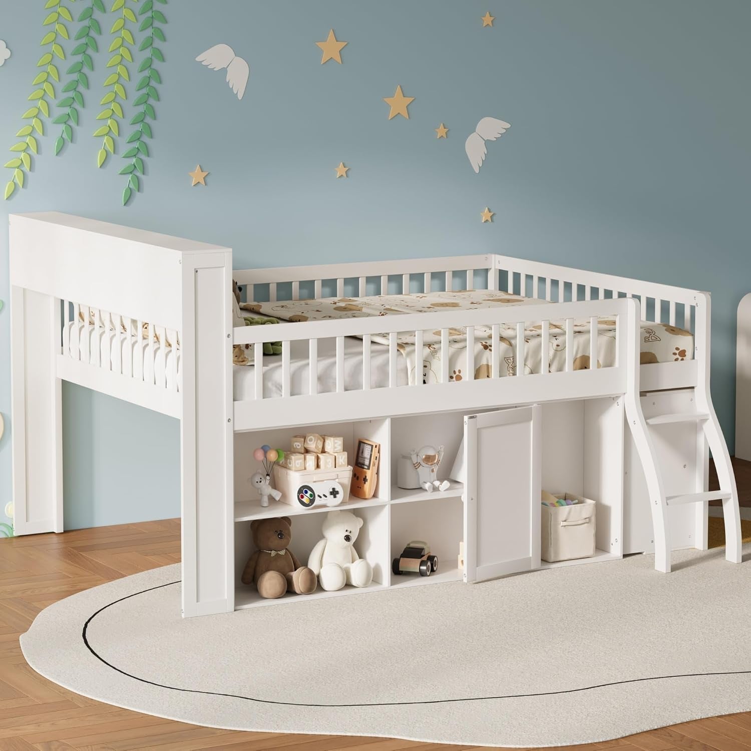 Queen Size Loft Bed Integrated LED Lighting Headboard