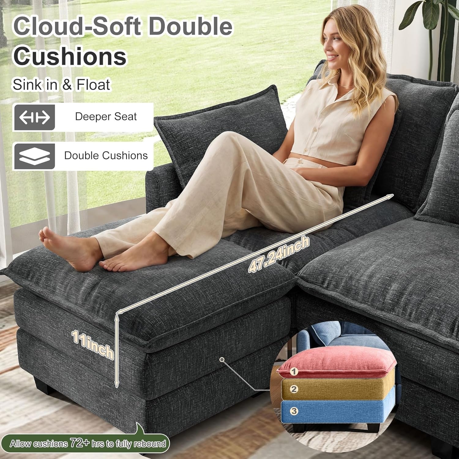 107 Inch Cloud U Shaped Sofa Grey Removable Pillow Covers
