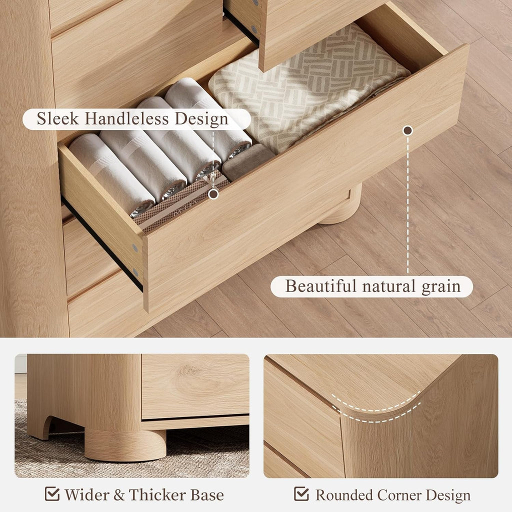 Natural Oakwood Six Drawer Dresser Rounded Corners