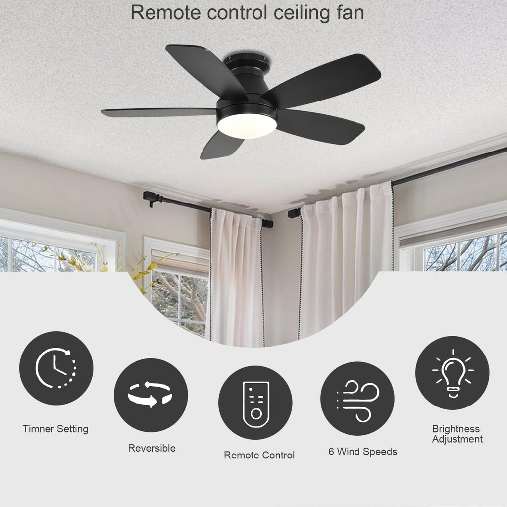 42 Inch Black Flush Mount Ceiling Fan With LED Lighting