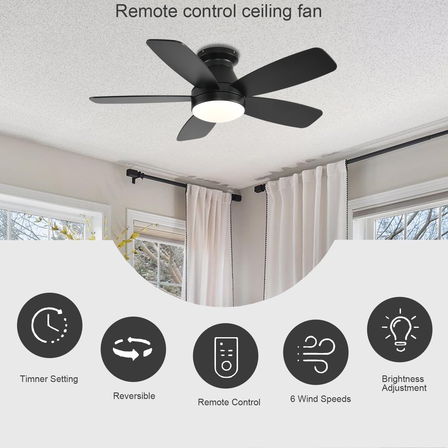 42 Inch Black Flush Mount Ceiling Fan With LED Lighting