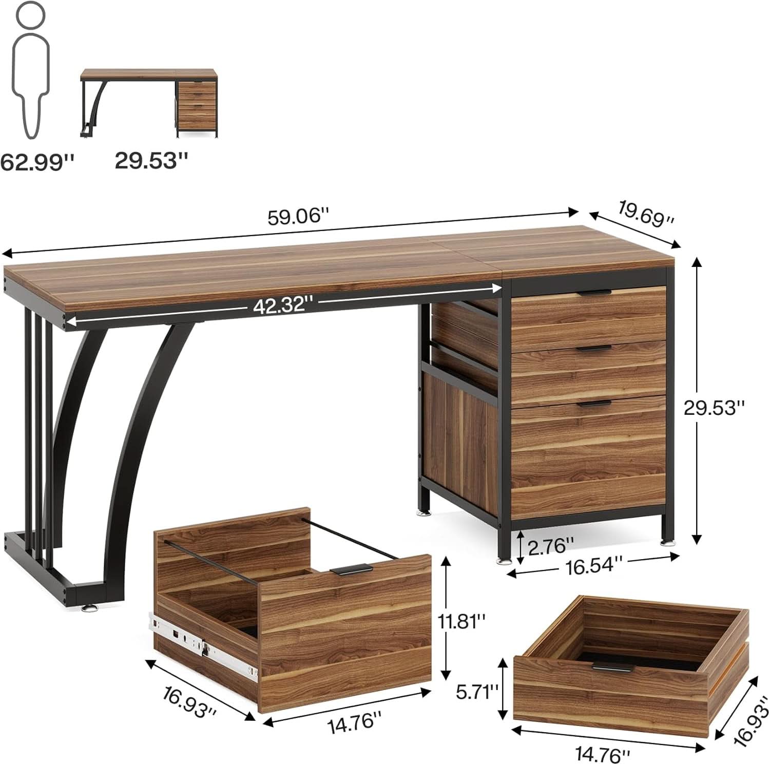 59-Inch Vanity Desk Reversible Drawers Rustic Brown