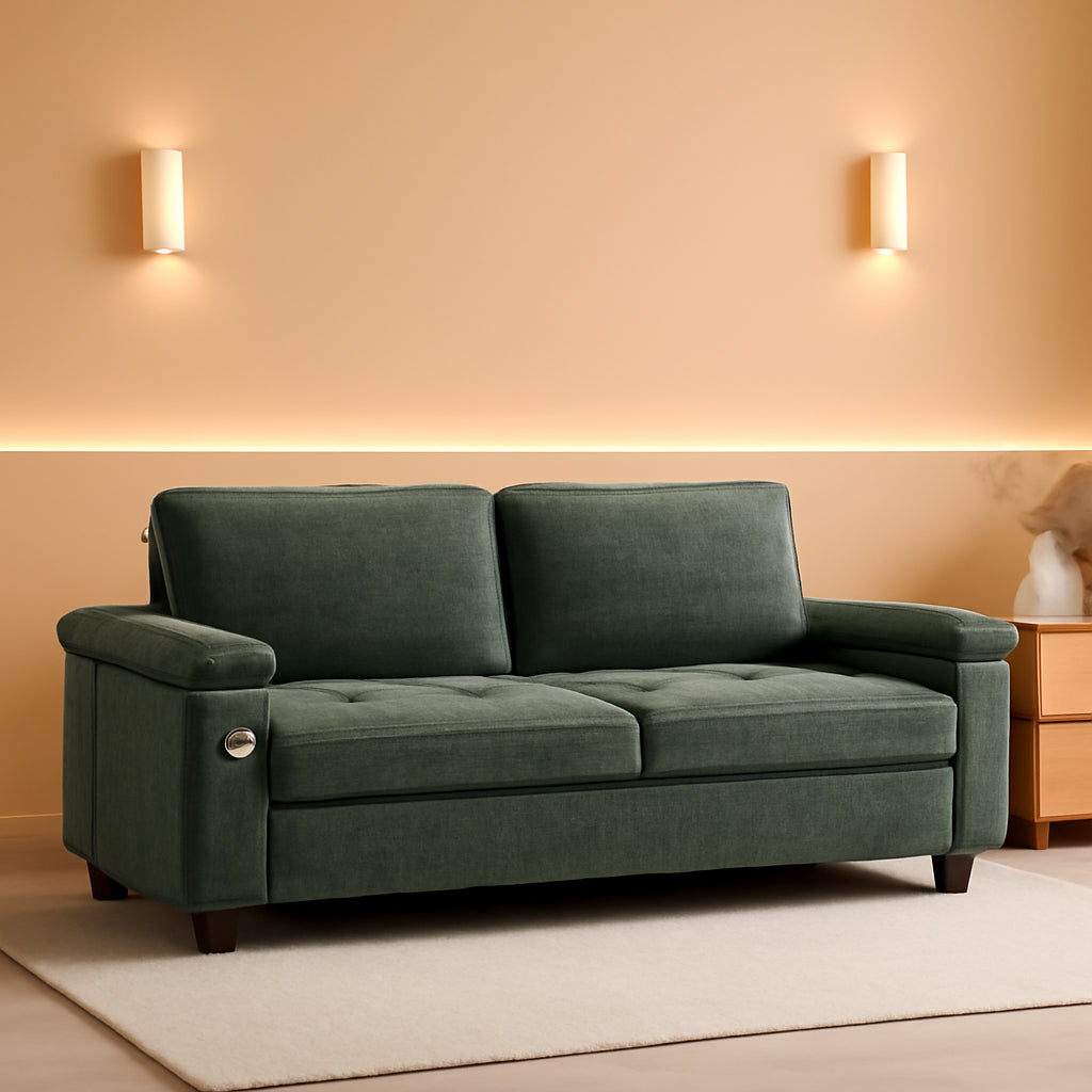 Green Chenille Loveseat With USB Ports Cupholder Storage