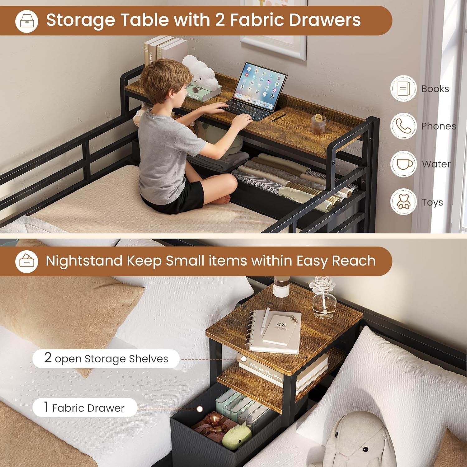 Black Premium Triple Bunk Bed With Integrated Storage