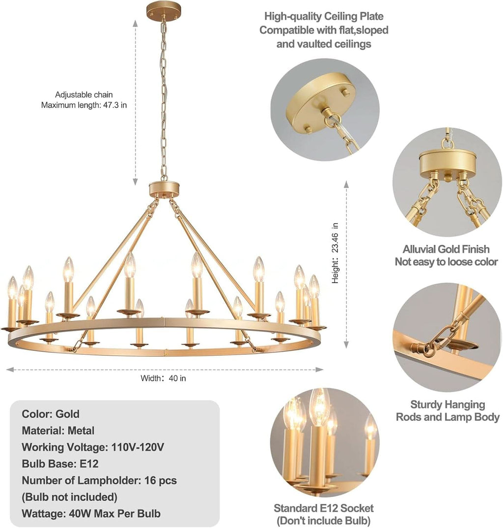 Gilded Wagon Wheel Chandelier Forty Inches Farmhouse