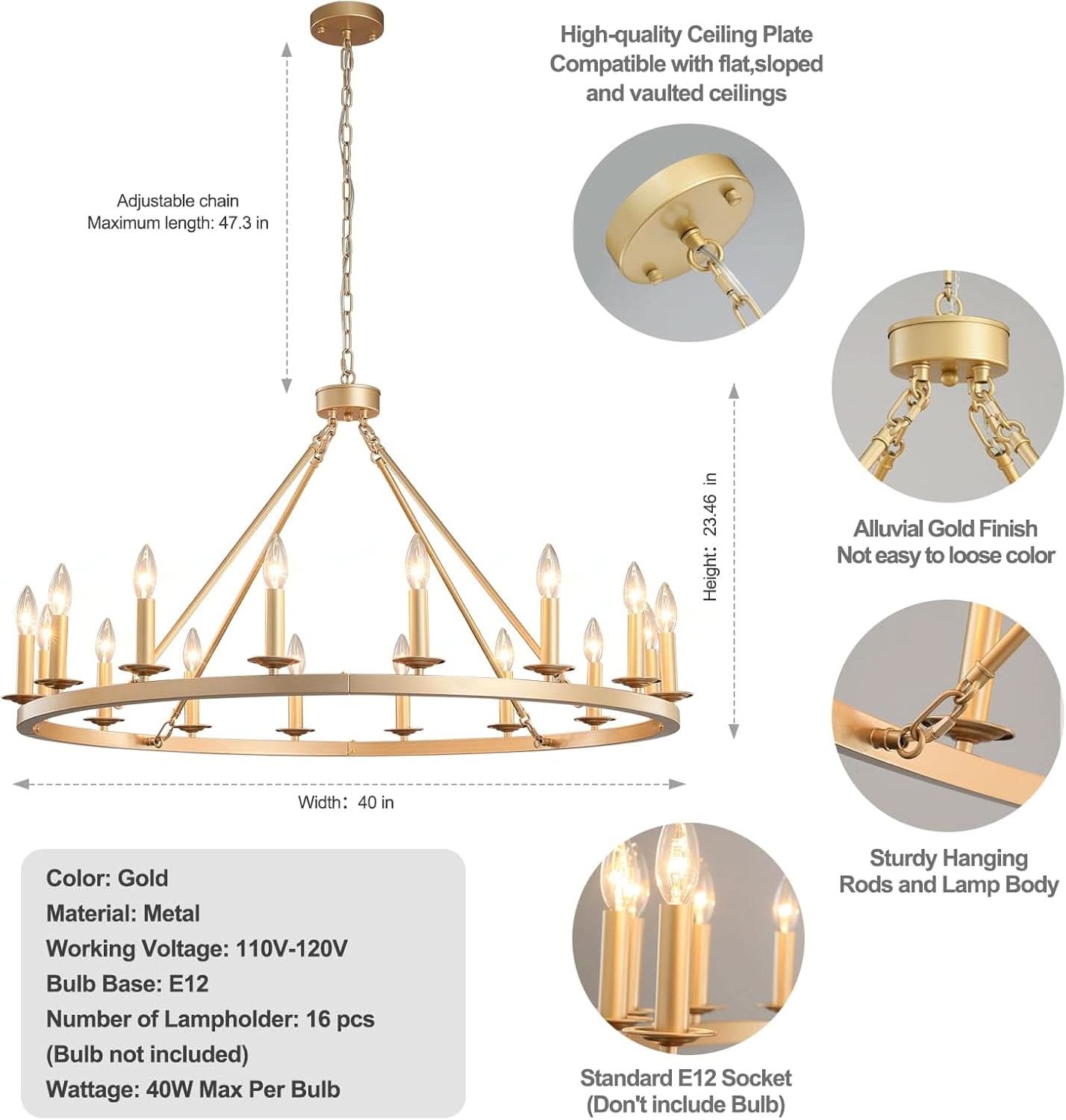 Gilded Wagon Wheel Chandelier Forty Inches Farmhouse