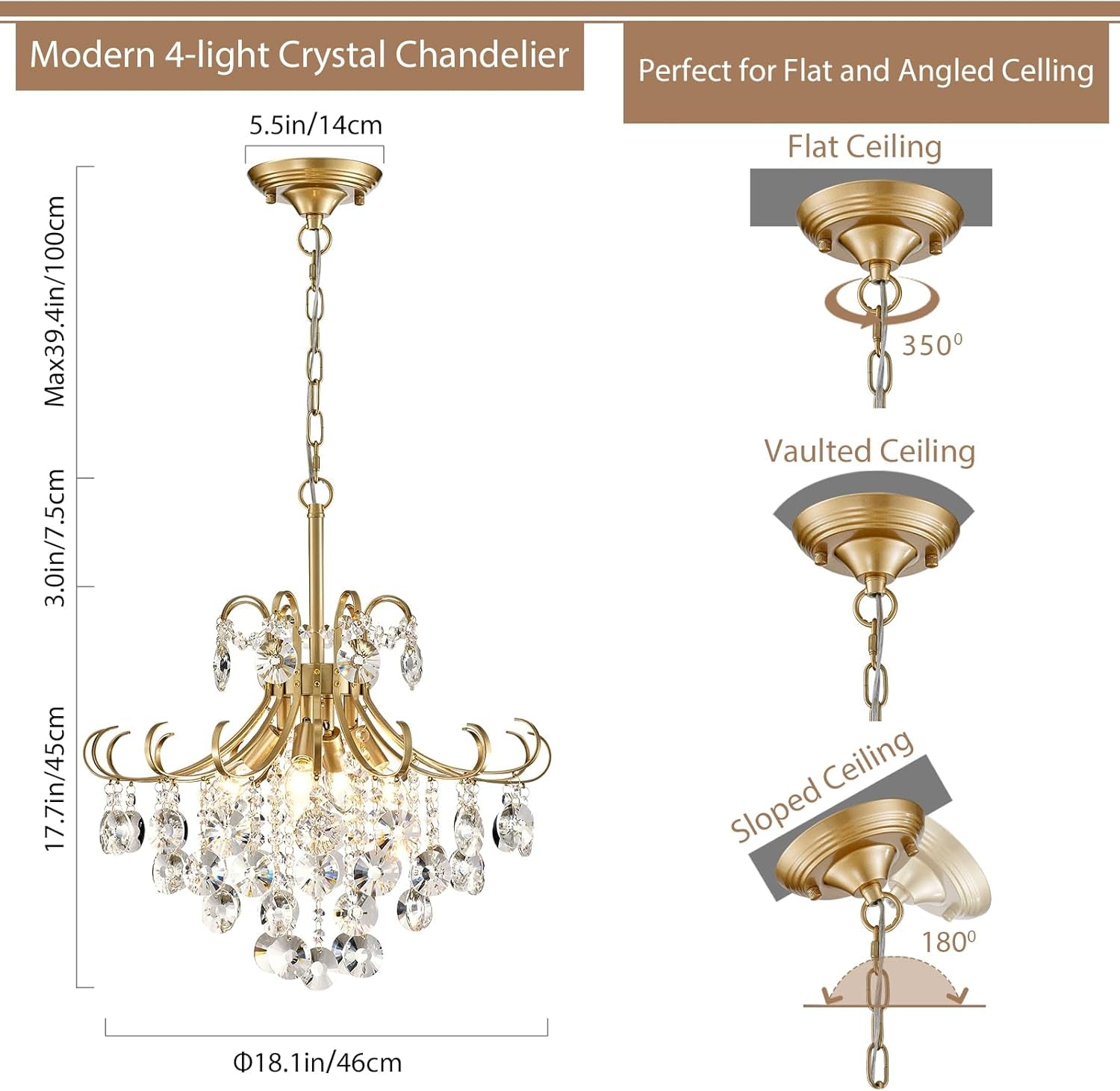 Golden Crystal Chandeliers 4 Light Dining Fixtures