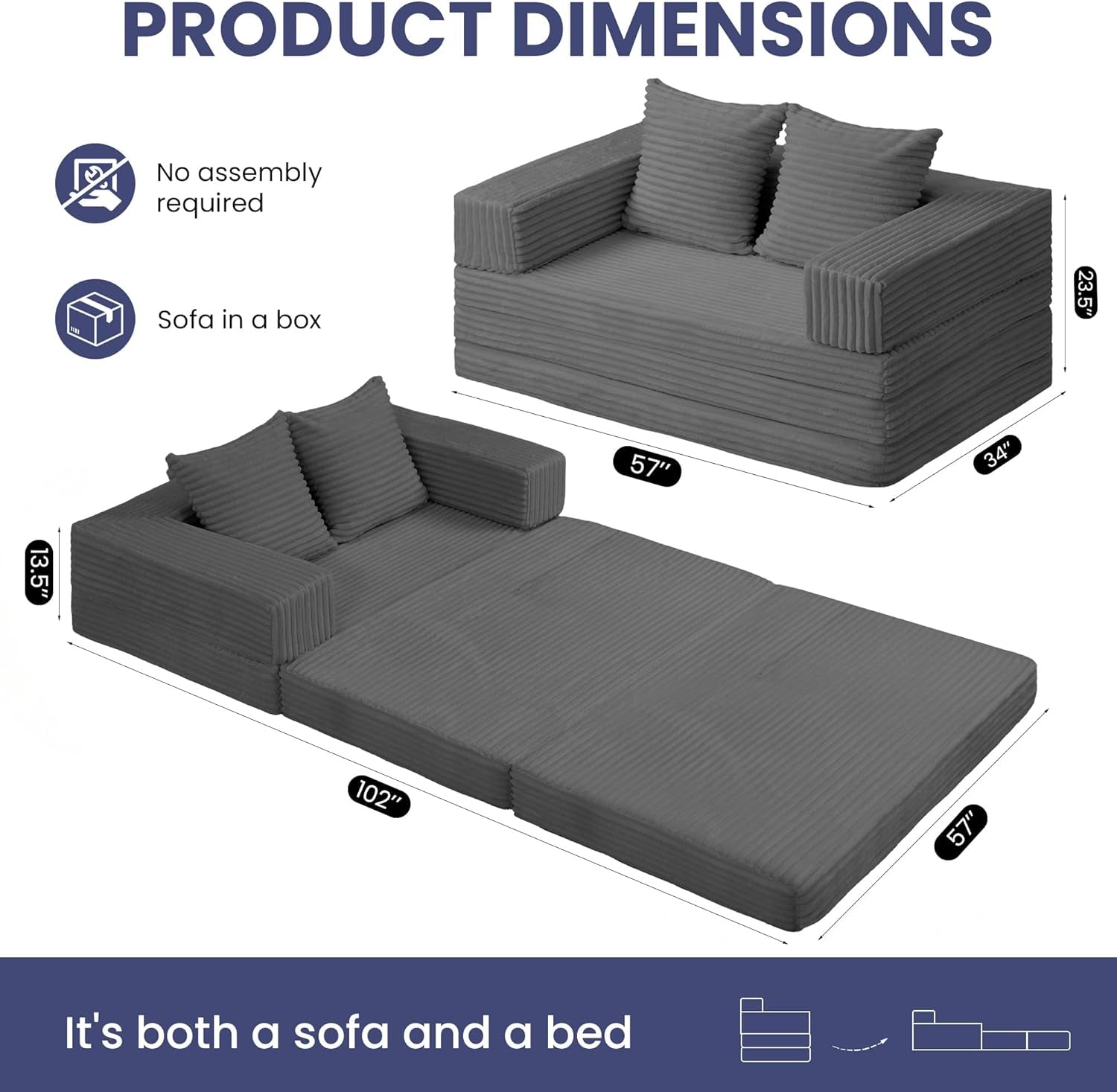 Gray Four In One Convertible Compact Sofa Bed Pillow