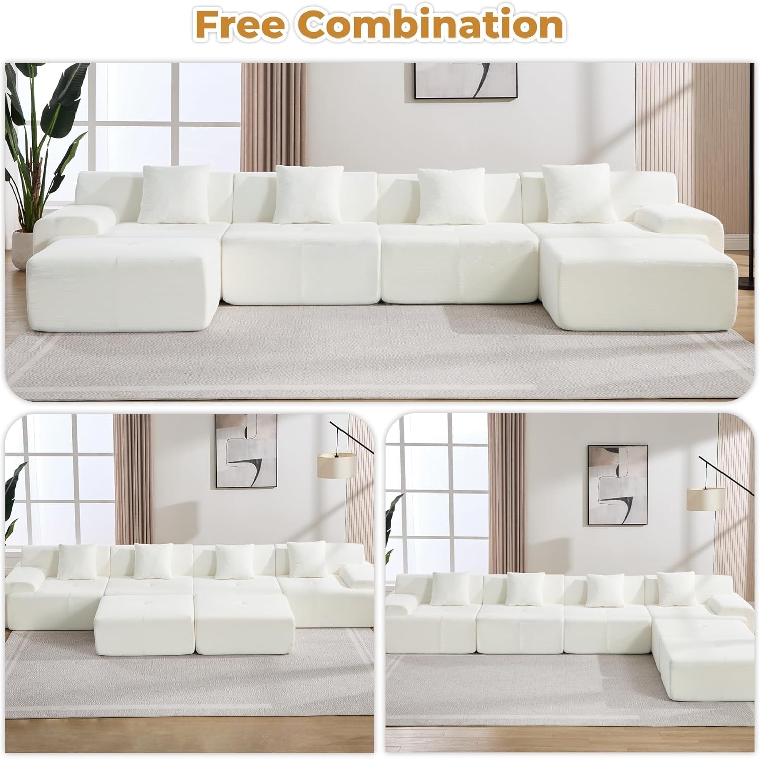 160 Inch White Corduroy Modular Sectional Sofa Set