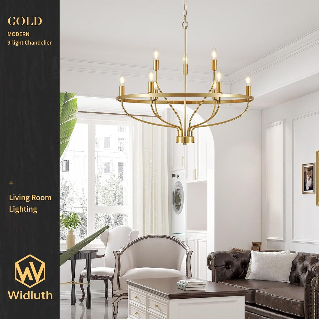 30Inch Crystal Gold Tone Chandelier Nine Light Fixture