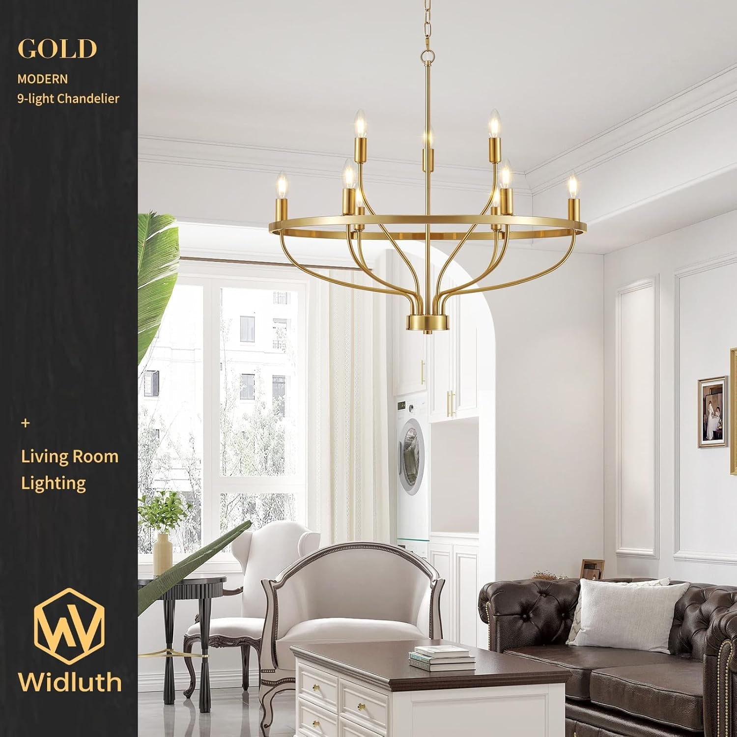 30Inch Crystal Gold Tone Chandelier Nine Light Fixture