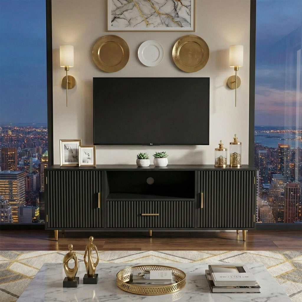 Black 55 To 65 Inch TV Stand With Drawers And Cabinets Storage