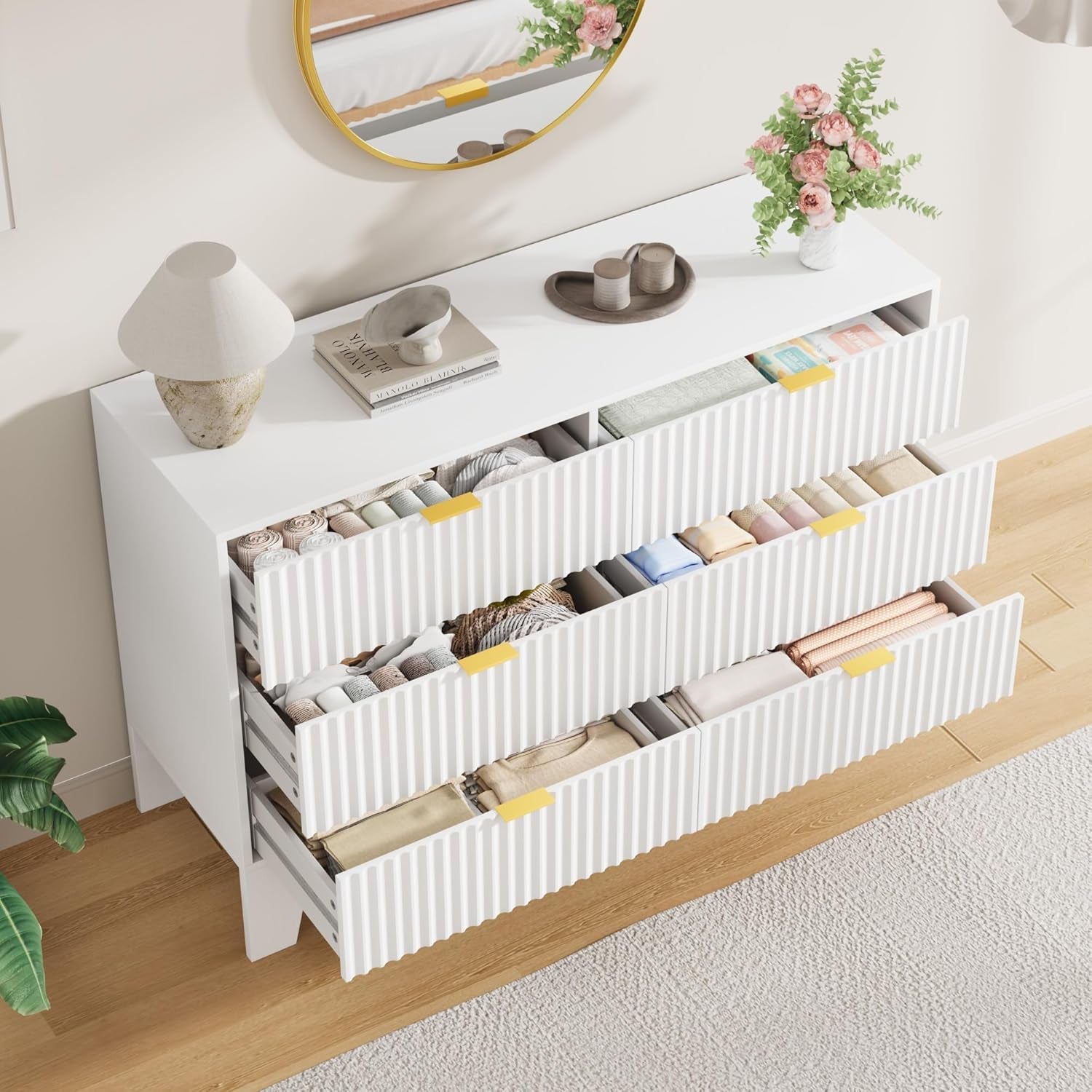 Forty Seven Inches Wide White Scandinavian Dresser Gold Handles