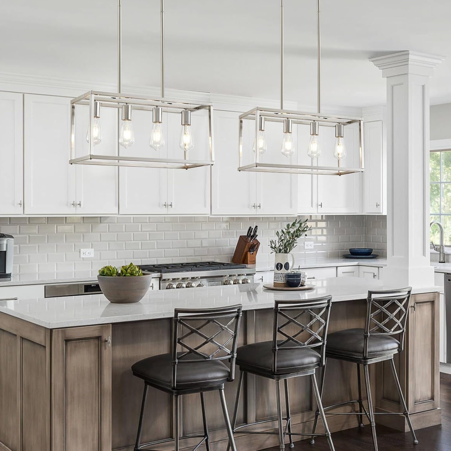 Brushed Nickel Four Light Rectangular Dining Pendant
