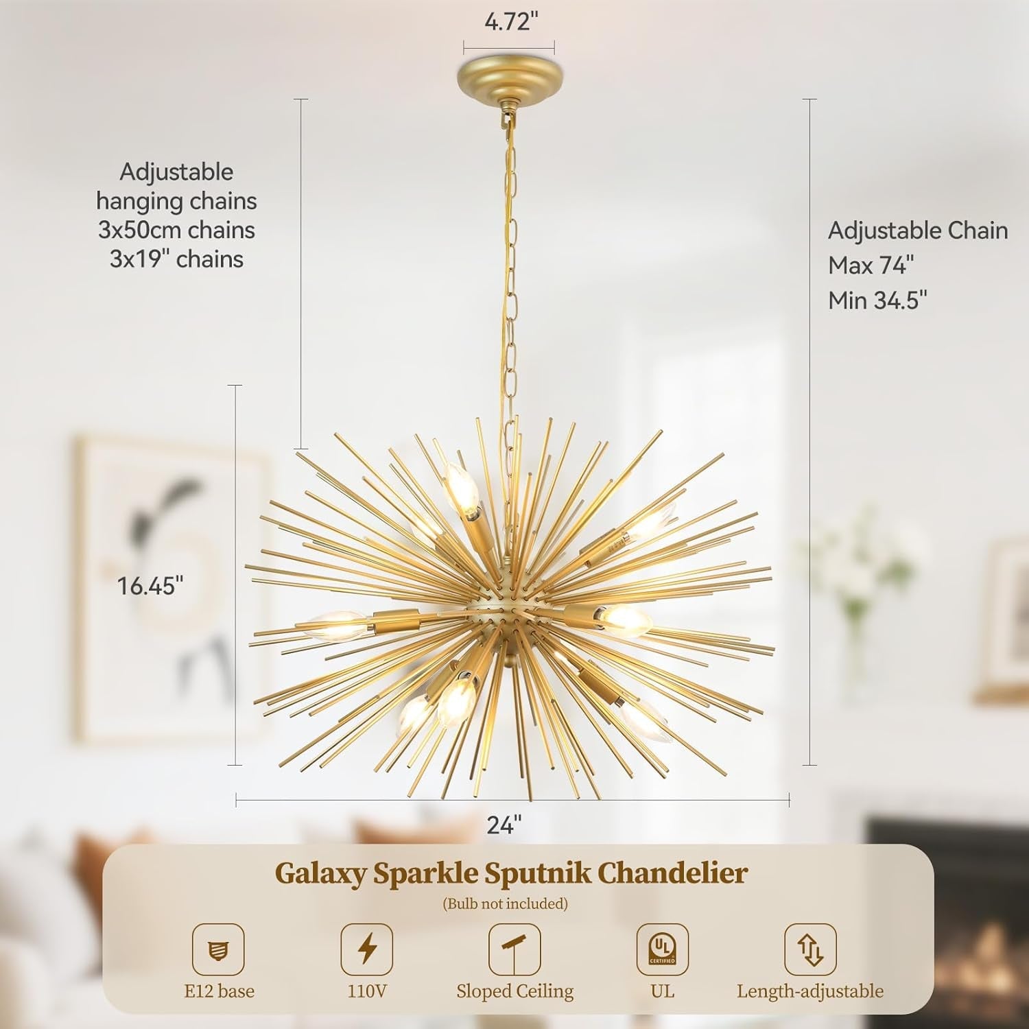 24Inch Golden Gleaming Sputnik Chandelier With Nine Lights