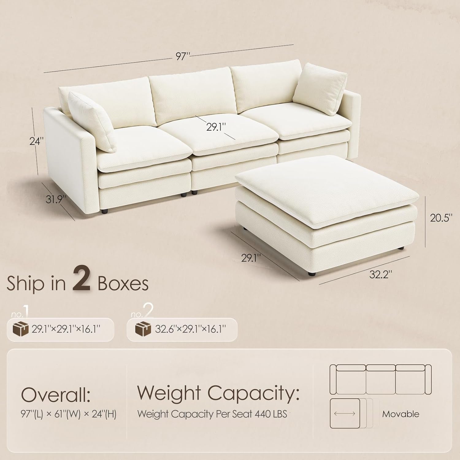 NinetySevenInch L Shaped Modular Sectional Sofa Beige