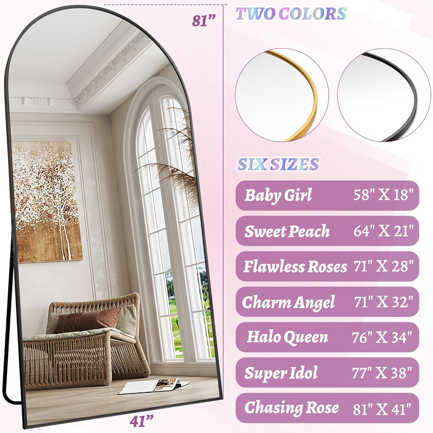 81-Inch Matte Black Arched Full-Length Floor Mirror
