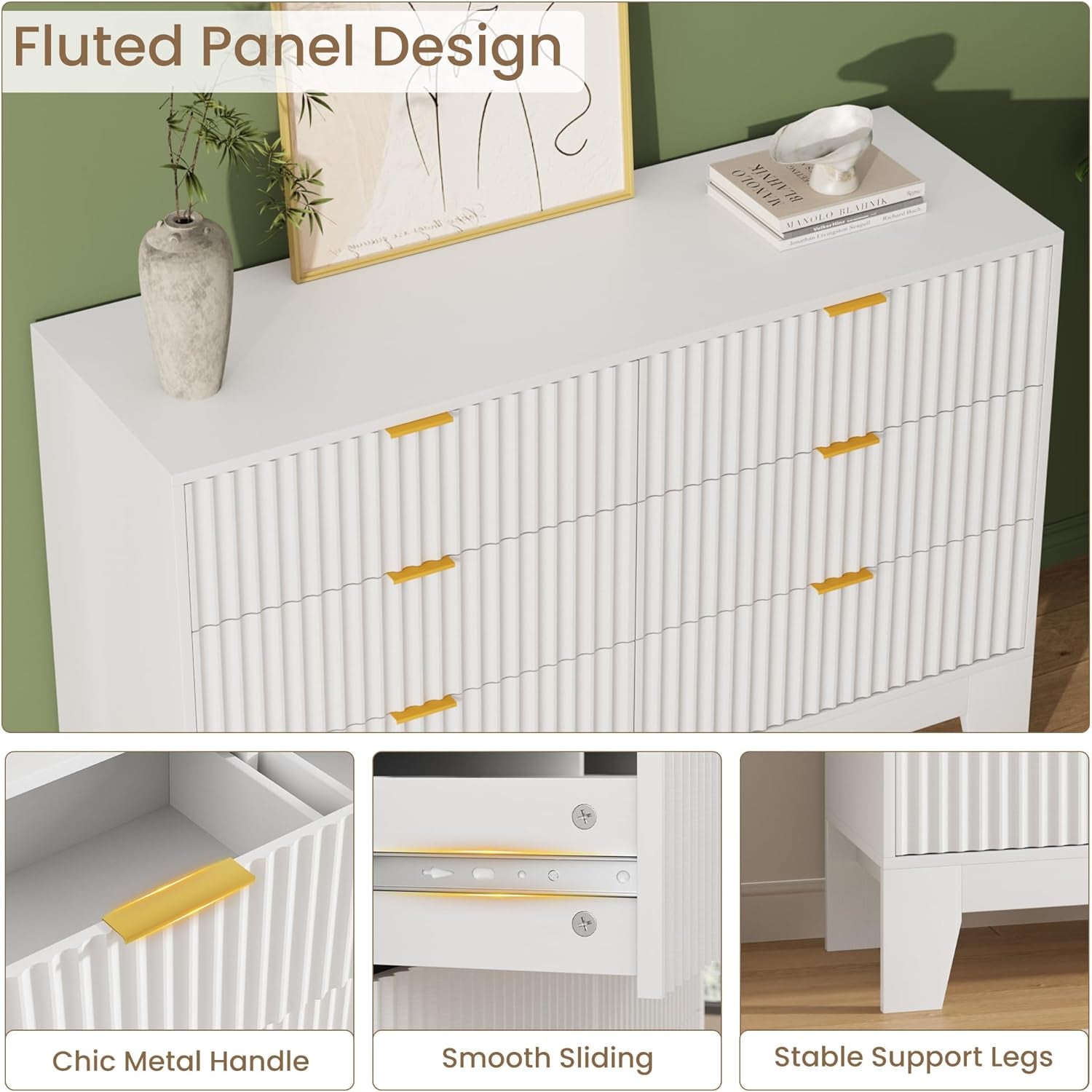 Forty Seven Inches Wide White Scandinavian Dresser Gold Handles
