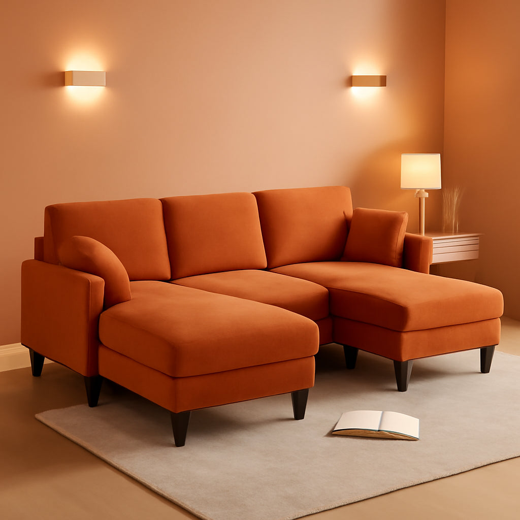 One HundredInch U Shaped Sofa Plush Chenille Ottoman Orange